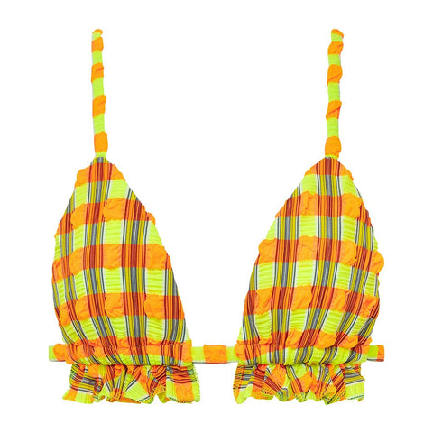 Neon Plaid Triangle Ruffle Bikini Top